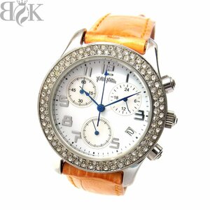  Folli Follie lady's wristwatch rhinestone chronograph Date quartz white face orange leather belt operation goods Follie Follie =