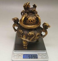 双龍戯珠香炉アンティーク銅器三足香薫炉高さ13 cm_画像5