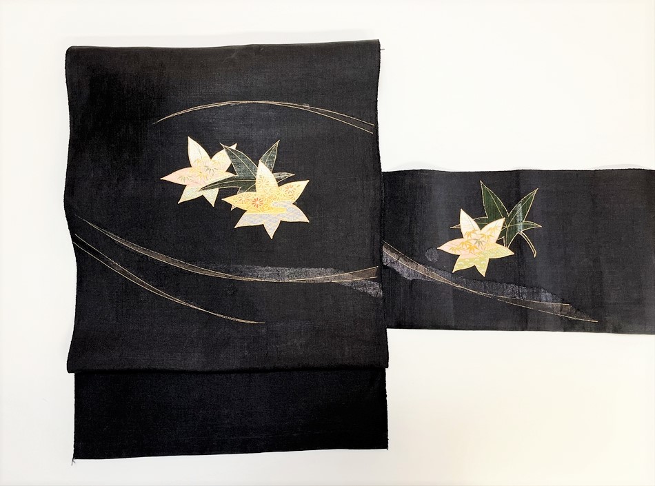 Hanatora переработанный Оби Нагоя Оби Конопляный черный кленовый лаковый лист, ручная роспись, пригодный для использования 230505, группа, Нагоя Оби, Индивидуальный