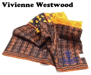 【Vivienne Westwood】(NO.7945）ヴィヴィアンウエストウッド 大判ハンカチ スカーフ　オレンジ系　オーブ刺繍　未使用　58cm