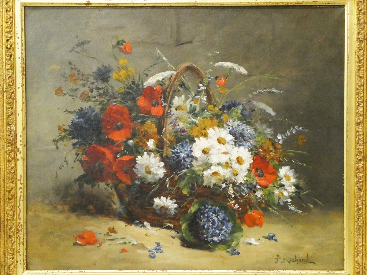 ♯ Foreign Artist P.Richard Still Life with Flowers Handwritten Oil Painting Still Life Painting No. F10 Signed and Framed!! French Painter Active in the 19th Century Flower Arrangement Painting, painting, oil painting, still life painting