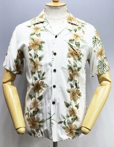 KALAHEO (カラヘオ) Rayon Hawaiian Shirt / レーヨン ハワイアンシャツ “HIBISCUS BORDER” ホワイト size XS / アロハシャツ