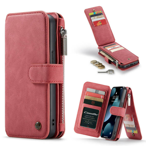 iPhone 13 レザーケース iPhone13 カバー アイフォン13 ケース 手帳型 お財布付き カード収納 ファスナー付き 財布型 レッド