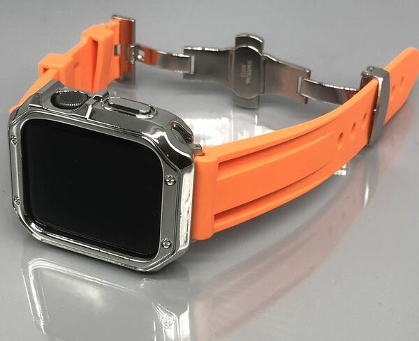 オレンジ シルバー アップルウォッチバンド ラバーベルト Apple Watch カバー　ケース メンズ レディース 38mm 40mm 41mm 42mm 44mm 45mm