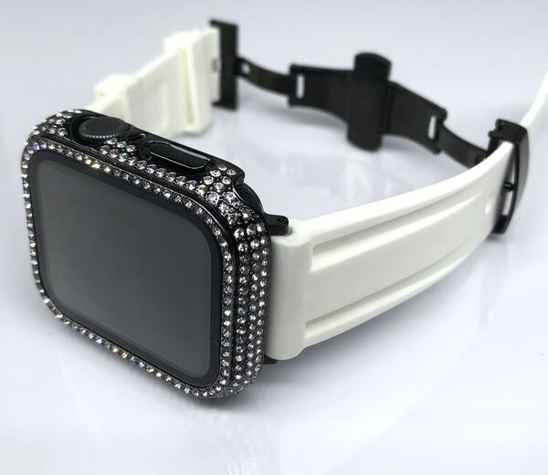 ホワイト 2nd ブラック★アップルウォッチバンド ラバーベルト Apple Watch キラキラ ケース カバー 40mm 41mm 44mm 45mm 42mm 46mm 49mm