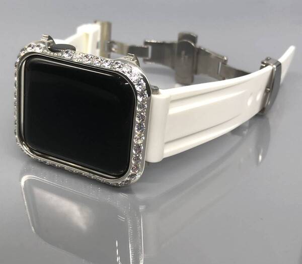 zc ホワイト シルバー アップルウォッチバンド ラバーベルト Apple Watch キラキラ カバー ケース 38mm 40mm 41mm 42mm 44mm 45mm