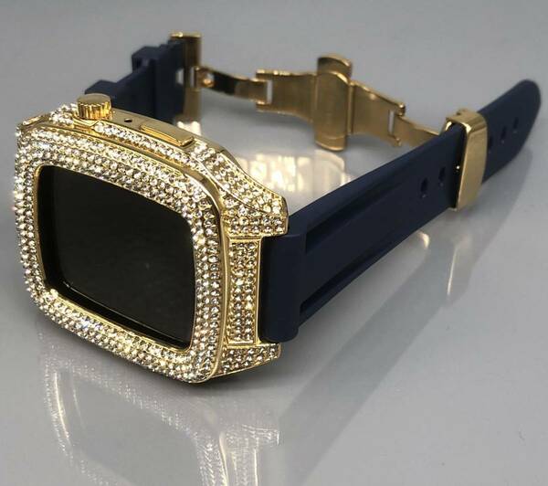 nゴールド★アップルウォッチバンド ステンレス カバー　キラキラ　ラバーベルト　Apple Watch ケース 44mm 45mm