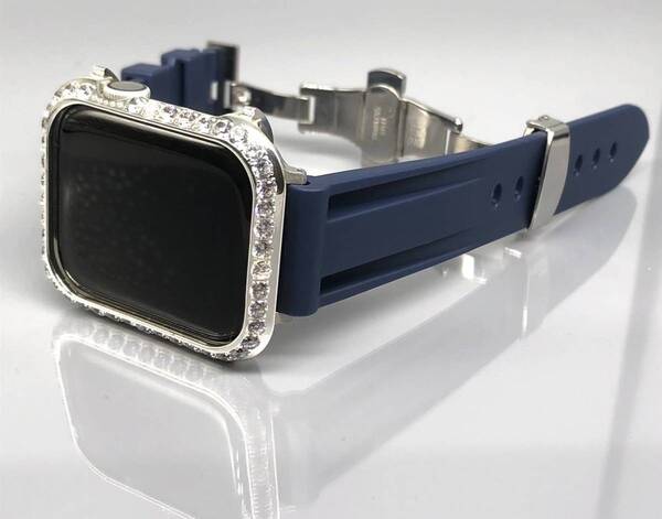 zc ネイビー シルバー アップルウォッチバンド ラバーベルト Apple Watch キラキラ カバー ケース 38mm 40mm 41mm 42mm 44mm 45mm