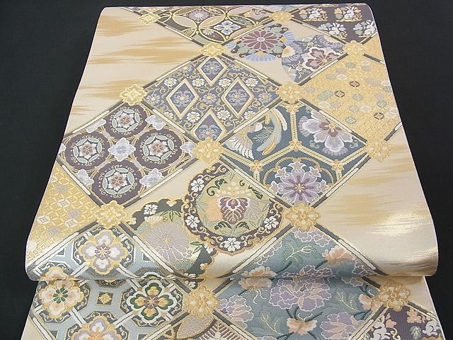 花美人□六通柄袋帯 格天井名物裂花文 金糸 逸品 eee3398 | JChere雅虎