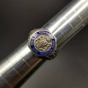 1949年 米国 クラスリング スターリングシルバー ヴィンテージ ブルーエナメル ライオン 彫金 指輪 銀 シグネット カレッジ Y5-A