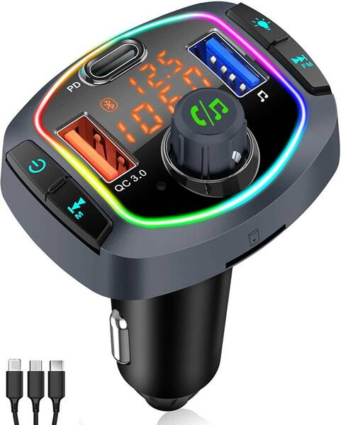 【QC3.0&PD18W急速充電&3つ充電ポート】FMトランスミッター カーチャージャ Bluetooth5.0 3つ音楽再生モード 電圧測定 デジタル表示 7色ラ