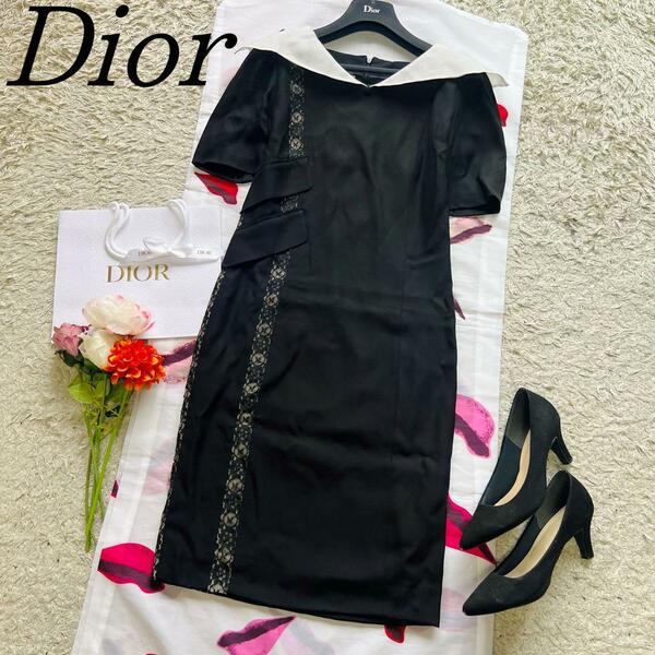 【希少】Christian Dior 白襟ワンピース ブラック 38 レース クリスチャンディオール M 黒 半袖 ハーフスリーブ