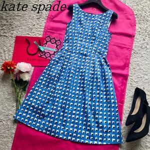 【美品】kate spade 総柄フレアワンピース ブルー ノースリーブ 4 L ケイトスペード 青 水色 ライトブルー バックコンシャス