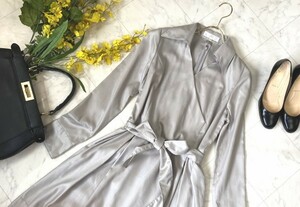 e033* unused tag attaching * J&R J &a-ru gray jukashu cool design One-piece Flare 7 minute sleeve long sleeve V neck medium height 