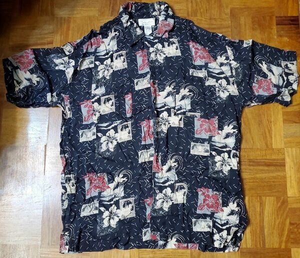 ヴィンテージ　シルク製 ハワイアンシャツ　フラワーデザイン　アロハシャツ