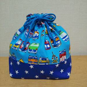 ハンドメイド★少し深め★お弁当袋　NO.29【電車水色　星】★ ランチバッグ　でんしゃ　巾着　入園　入学