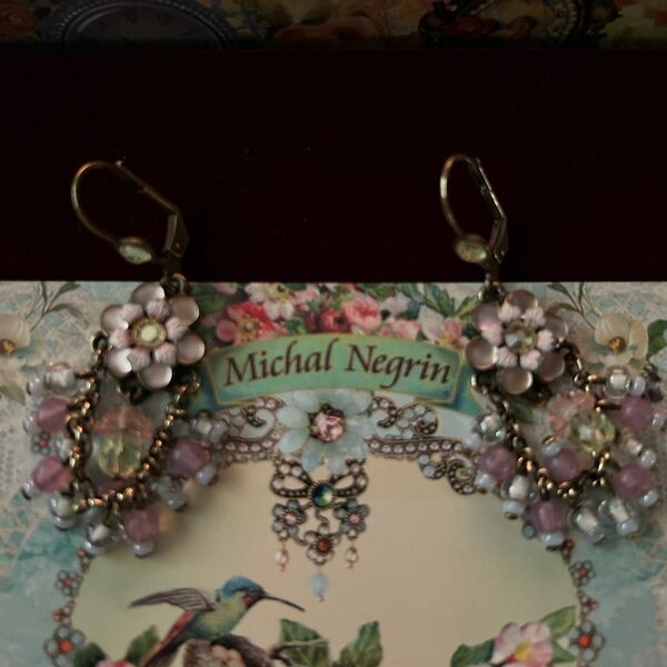 ◎週末割◎ミハエルネグリン Michal Negrin アンティーク調加工 ピンク磨ガラス×イエロー初期フックピアス 展示保管美品