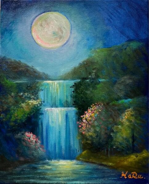 ☆ HaRu 神秘的 風景 満月 滝 1点物 真作 原画 絵画 油絵 ♪ F3