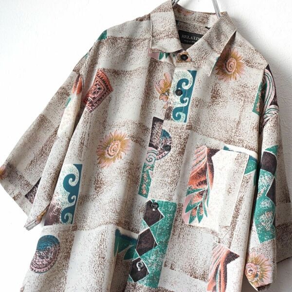 RELAXIN 日本製 古着 ブラウンベース 総柄 シャツ 半袖 メンズ トップス ヴィンテージ風 半袖シャツ きれいめ