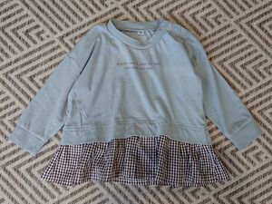 90サイズ 長袖 チェック柄 ブルー 重ね着風 スウェット Tシャツ ベビー キッズ 女の子 春秋 