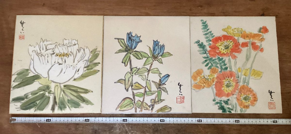 CC-9755 ■Free Shipping■ Makoto Asai Watercolor Painting Flower Still Life Painting Hand-painted Signed Shikishi Painting Nephew of Tadashi Asai Inscribed 3 Types Total 150g /Kugorara, Artwork, book, colored paper