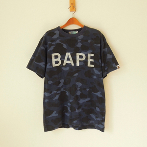 A BATHING APE Tシャツ 初期タグ USED加工 日本製 ブルー系エイプカモ M（w-1593）