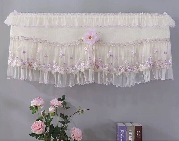 新品 室内機用カバー エアコン用カバー 防塵 フリル―付き 洗濯 取り付け簡単 紫 パープル 花