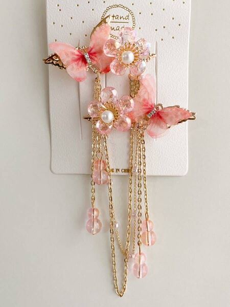 【ヘアクリップ/ヘアピン】蝶 花 ピンク 2連タイプ ヘアアクセサリー