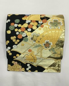 袋帯/未使用品/西陣/正絹/黒×金/ひおうぎ文と花/振袖/美品/仕立上がり【ゆずりは】7258