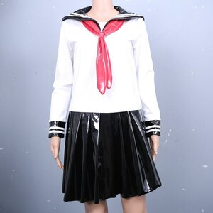 3ピース/セット ウェットルック 光沢 PVC ドレス フェイクラテックス PUレザー セーラー服 制服 コスプレ コスチューム スカート：po126