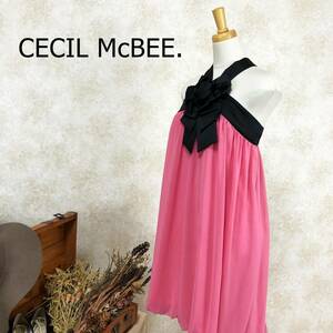 セシルマクビー CECIL McBEE ドレス サイズ29 M ピンク ブラック ひざ丈 シフォン リボン コサージュ風 ワンピース ホルターネック B-583
