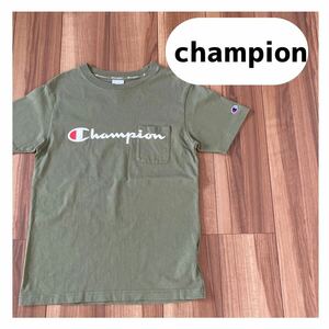  champion チャンピオン Tシャツ 半袖 ポケットT ビッグロゴ プリント オリーブ サイズM 玉mc1525