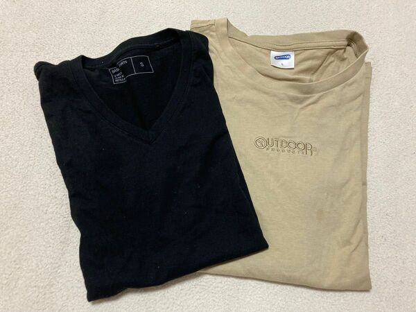 メンズＴシャツ２枚組(黒→GU、ベージュ→OUTDOOR) 半袖Tシャツ Tシャツ