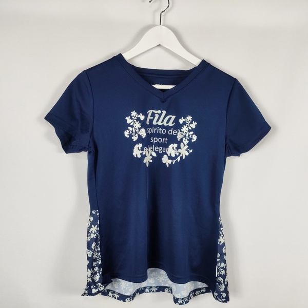 美品 フィラ FILA Tシャツ ペプラム調 ラメプリント 花柄 Vネック 半袖 M ネイビー レディース 中古 /EP