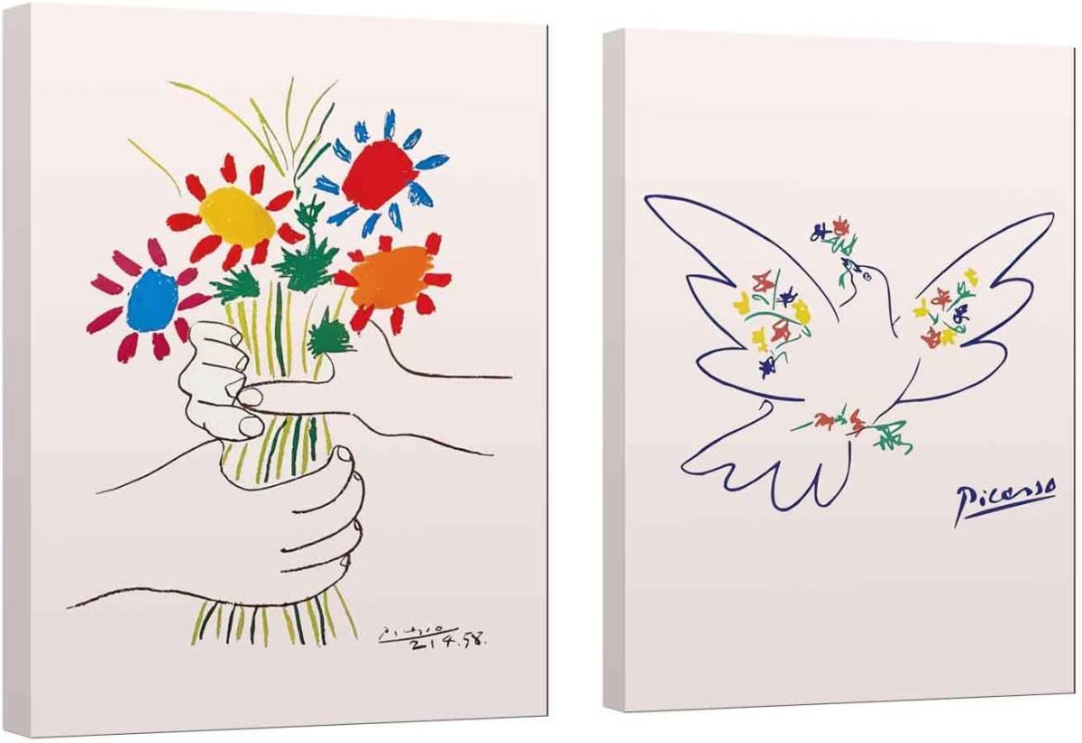 [复制品] 2 套全新帆布画艺术面板画艺术海报图片室内设计时尚帆布壁挂毕加索花束鸽子和平, 艺术品, 绘画, 其他的