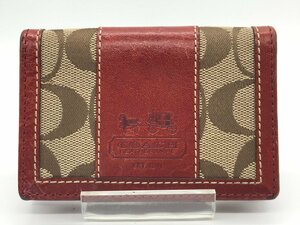 ■【YS-1】 コーチ COACH シグネチャー カードケース ■ 定期入れ 茶系 × エンジ系 ■ 横10,8cm × 縦7,5cm 【同梱可能商品】K■