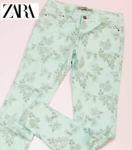 ZARA TRAFALUC　(ザラ・トラファ) 　フラワープリント　スキニーパンツ　ライトグリーン　 サイズ EUR38　USA06