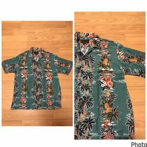 良品☆HAWAII製／RESERVE・HAWAIIAN COLLECTION メンズサイズM 希少.レーヨン半袖アロハシャツ　パイナップル&椰子の木.ボーダー柄 緑色系!