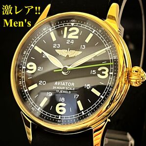 【激レア】RAKETA/メンズ腕時計/PILOT/ゴールド.ブラック.グリーン色/手巻き/裏スケルトン/プレゼント/カッコいい