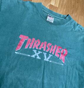 90's vintage USA製 THRASHER 15th ANNIVERSARY Tシャツ コットン グリーン L スラッシャー オールド スケート シングル