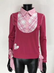 【USED】VIVA HEART ビバハート ポリエステル 長袖 ポロシャツ 重ね着風 リボン チェック柄 ピンク レディース 40 M ゴルフウェア