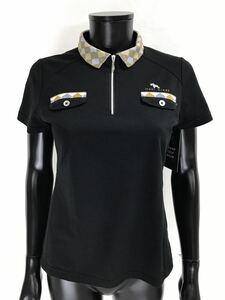 【USED】Heal Creek ヒールクリーク 綿 ポリエステル ハーフジップ 半袖 シャツ ロゴ刺繍 ブラック 黒 レディース 42 L ゴルフウェア