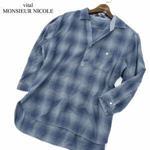 vital MONSIEUR NICOLE ムッシュ ニコル 春夏 チェック柄★ 7分袖 プルオーバー シャツ Sz.L　メンズ ネイビー　A3T04918_5#A