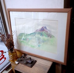 Art hand Auction ○Yoshiki Yorika 水彩画 昭和新山 木框 78x60cm 山景 画家 高知县出身 怀旧 现代 古董 gplus 广岛 2012i⑤, 绘画, 水彩, 自然, 山水画