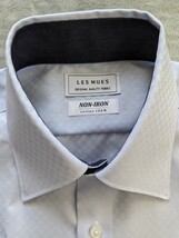 美品 LES MUES 地模様 ブルー ワイシャツ S 37-82 NON IRON 綿100％入学式 成人式 結婚式 セレモニーにも 長袖シャツ AOKI_画像3