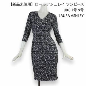 90【新品未使用】ローラアシュレイ ワンピース UK8 7号 9号 ブラック 黒 幾何学模様プリント LAURA ASHLEY