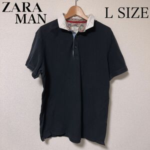 ZARA MAN ZARA men メンズ　ポロシャツ　Lサイズ　花柄×ネイビー　 ポロシャツメンズ
