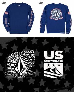 激レア ボルコム【VOLCOM】 x アメリカ スノーボードチーム【U.S.SNOWBOARD TEAM】アメリカ国旗 ロゴ両腕プリントロングＴシャツUS L NAVY