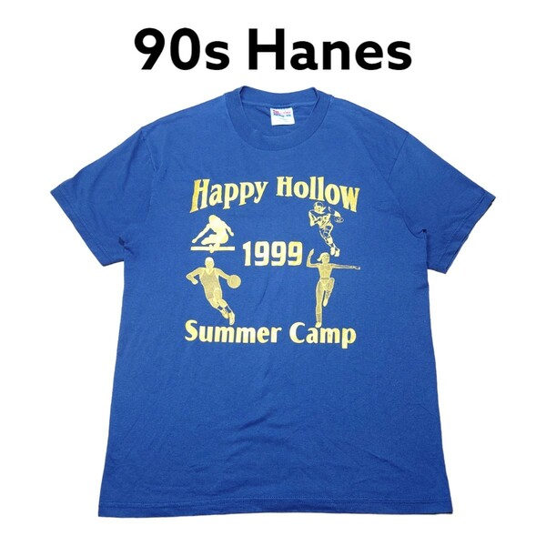 90s Hanes　ビッグプリント　Tシャツ　古着　ヘインズ　ネイビー