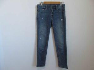 (43956)GU　ジーユー　デニムパンツ　ジーンズ　ダメージ加工　クロップド　ブルー　S　USED